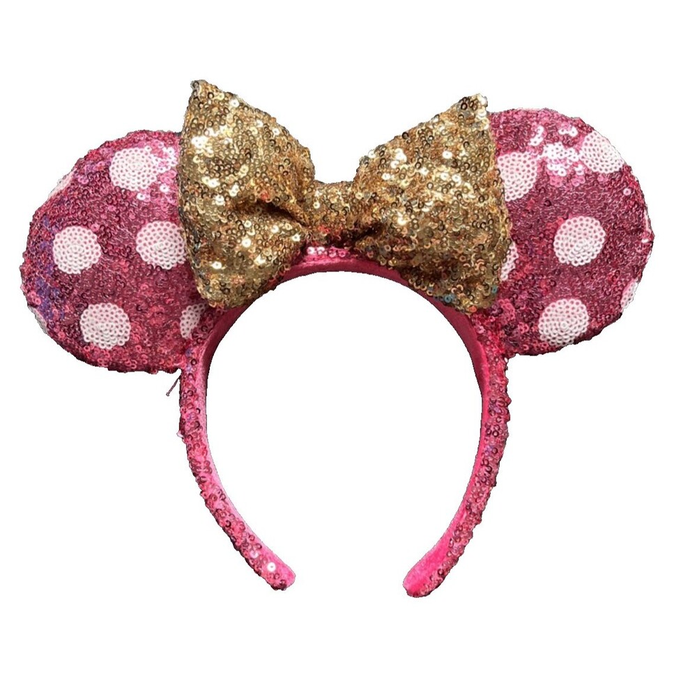 Disney Pink Polka Dot Ears Gold Sequin Bow Minnie Mouse Ears Headband